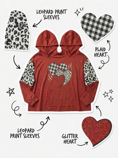 Valentine's Day,Oversized Long-Length,Besties&Couples Must-Have,Women's Double-Hood Long-Sleeve Hoodie,Heart Print,For Spring/Summer,For Holiday/School/Home/Daily/Street/Photoshoot,