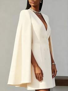 优雅V领双排扣长袖连衣裙，适合通勤、商务、正式场合、办公室、约会、度假和派对等场合。 - 杏色 - 查看 3