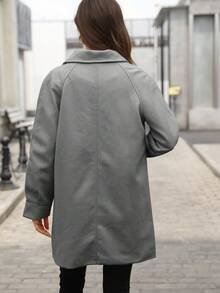 女士纯色前扣口袋休闲长袖羊毛混纺外套 - 灰色 - 查看 5