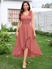 MIUSOL Vestido de noche largo asimétrico con escote en V profundo, sin mangas, con volantes y encaje con lentejuelas florales - Rosa vieja - Ver 4