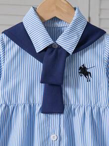 女童返校休闲可爱刺绣领衬衫裙配蓝色披肩，校服连衣裙 - 藍色 - 查看 4