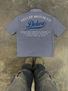 男士休闲条纹标语印花短袖衬衫，夏季 - 灰色 - 查看 2