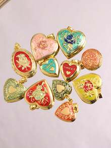 Collar con colgante de foto de flor en forma de corazón de gota de aceite vintage romántico, colgante de foto abierto en tono dorado, regalo de San Valentín, aniversario o cumpleaños (caja de joyería no incluida, color aleatorio, la ligera diferencia de color es normal) - Multicolor - Ver 5