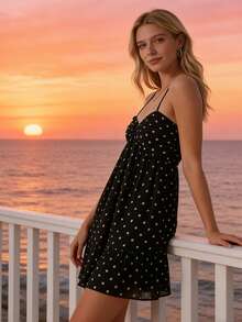 Women Slip Dress, Spaghetti Straps Backless Dots Print Loose Summer Mini Dress Clubwear - Black - View 3