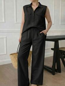 A&DD MODA, REF: AS1923 - Women's Set Consisting Of A Sleeveless Blouse And Pants. The Blouse Has A High V-Neck And Pockets; The Pants Have A Straight Cut, Elastic Waistband And Pockets, Ideal For Everyday Wear, With A Very Casual Style. - 黑色 - 查看 5