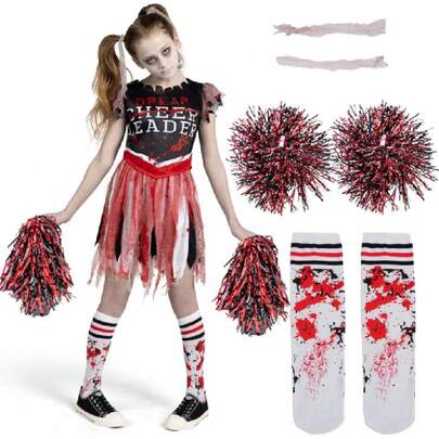 Disfraz de Animadora Zombie para Niña, Aterrador Disfraz de Animadora Sangrienta para Halloween,37627526