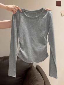 Autumn/Winter New Women's Fashion Elegant Casual Commute Versatile Classic Urban Modern Solid Color Side Ruched Design Small Round Neck Knit Top 3-Piece Set, All-Match Waist-Cinching Base Layer, Summer Top - Black, Gray, and White - View 5