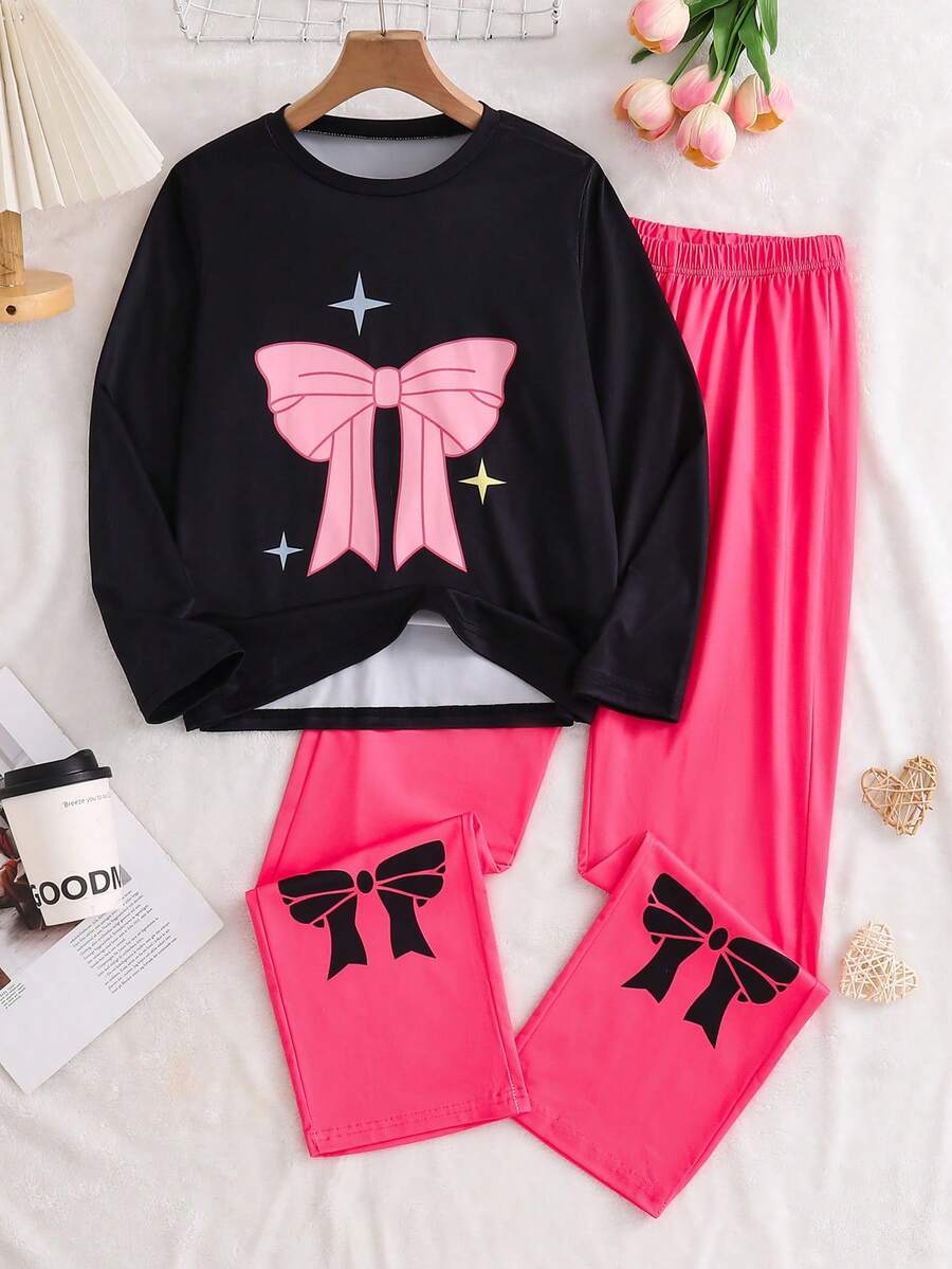 2pcs Girls Elegant Sleepwear Set, Including 1 Bow Print Long Sleeve Round Neck Black Top And 1 Red Long Pants. Comfortable Fabric, Suitable For Spring And Autumn Wear At Home. - Black - View 1