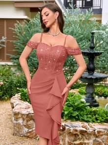 MIUSOL Vestido de cóctel ajustado con volantes asimétricos, encaje floral y lentejuelas - Rosa vieja - Ver 6