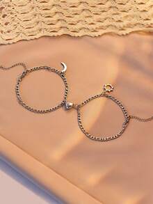 2件套不锈钢太阳、月亮、心形磁扣吊坠情侣/闺蜜手链，适合日常佩戴和节日佩戴 - 不銹鋼磁鐵愛心手鍊套裝 - 查看 13