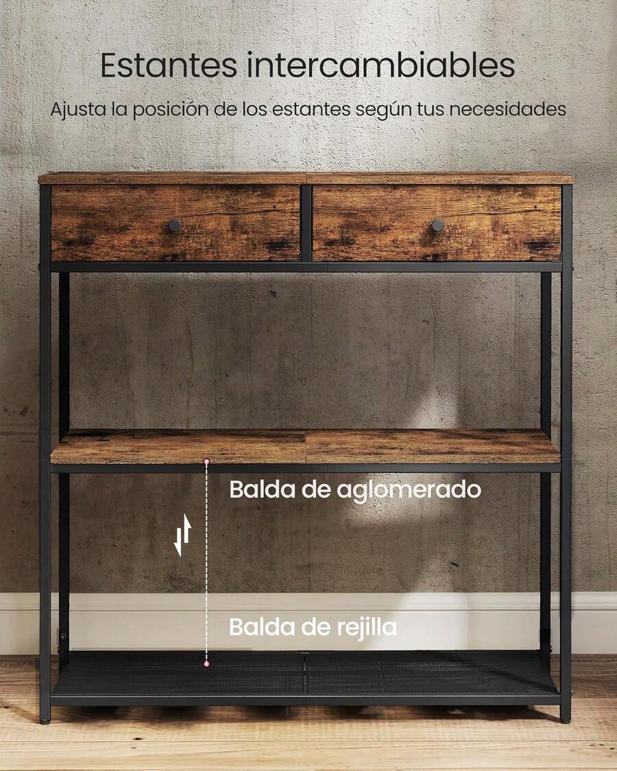 VASAGLE Mesa de Entrada Estrecha, Mesa de Consola de 3 Niveles, con 2 Cajones de Tela, 24 x 76 x 80, Marrón Rústico y Negro Tinta MLNT092K01 - 1 - Ver 1