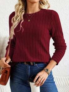 Ribbed Crew Neck-Shirt Elegant Long Sleeve Top Spring Autumn Two Seasons Autumn Winter Knitted Ribbed Base Shirt Solid Color Crew Neck Elastic Ribbed Long Sleeve-Shirt - Burgundy - View 2