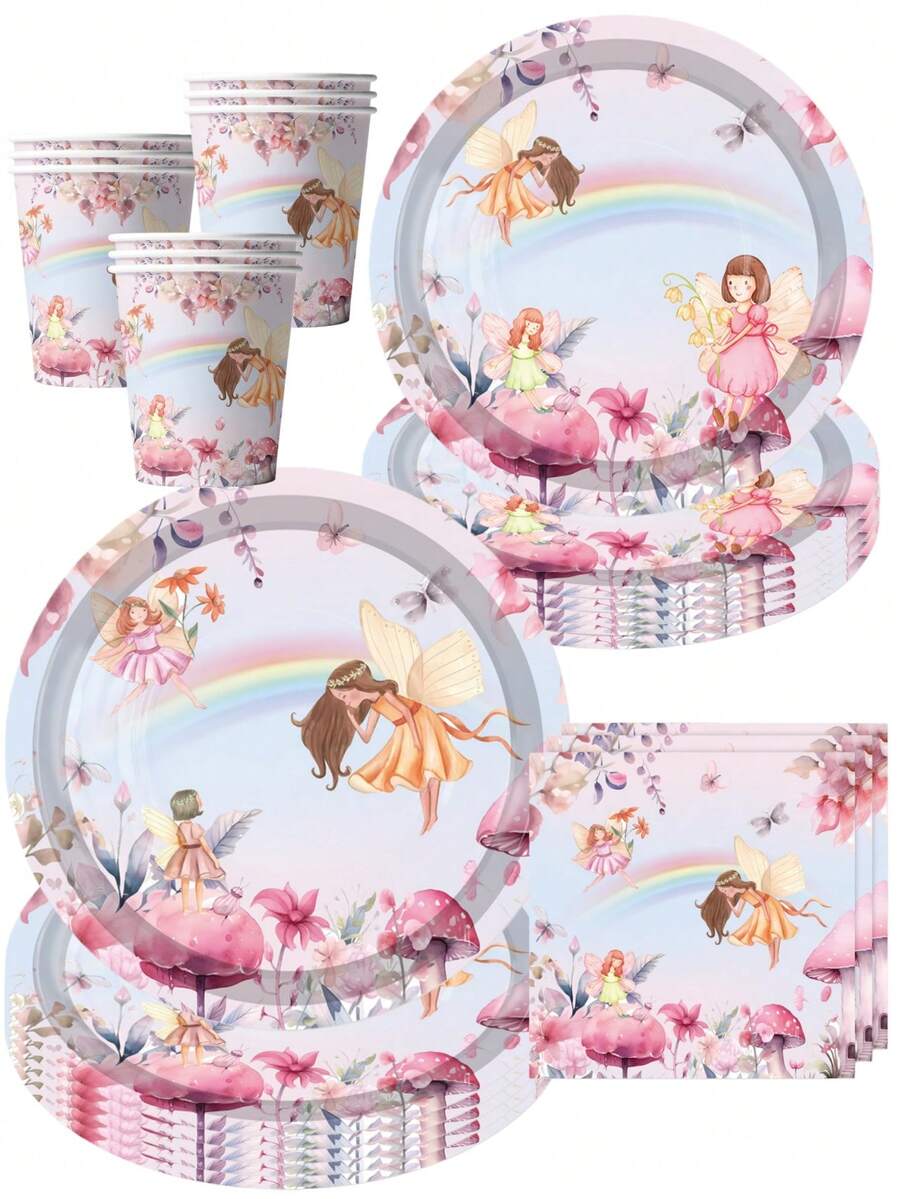 50 piezas Conjunto de suministros para fiesta de jardín de ensueño - Platos, vasos y servilletas desechables de papel con estampado de hadas arcoíris en tonos pastel | Celebración de cumpleaños mágico y temático de fantasía para niñas | Decoración floral rosa suave con setas, perfecto para regalos de fiesta en casa y festividades infantiles - Multicolor - Ver 1