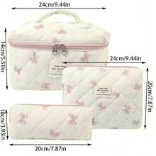 Stylish 3-Piece Quilted Cotton Floral Makeup Bag Set - Women's Lightweight Non-Waterproof Toiletry Storage Bag - 粉色 - 查看 2