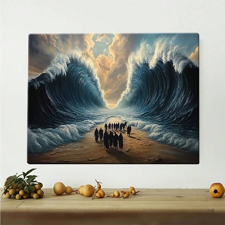 Bible Scene Art Print - Israelites Crossing The Red Sea Wooden Framed Canvas Wall Art, Art Deco Style HD Vibrant Colors, Ready To Hang For Living Room, Bedroom, Hallway Decor, Canvas Wall Hanging, Suitable For Hanging - 霧霾藍 - 查看 1