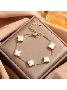 新款时尚银色五叶草单面贝壳手链，独特简约 5 朵幸运四叶草奢华串珠手链珠宝情人节、妈妈、母亲、母亲节、礼物