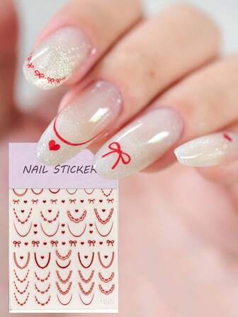 1 hoja de calcomanías de uñas con moño rojo y corazón para decoración de uñas francesas, pegatinas de encaje 3D con cinta para manualidades de manicura para el Día de San Valentín