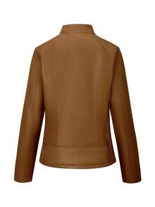 Plus Size Women's Casual Fashion Motorcycle Jacket, Suitable For Commuting And Street Photography, Faux Leather Material, Autumn/Winter - Brown - View 3