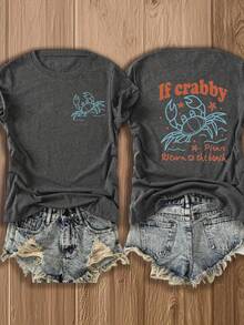 Double-Sided Printing, Ladies' T-Shirts, Ladies' -Blend T-Shirts, Independence Day, Gifts-Crabby Crab Print T-Shirt - Fun & Quirky Beach-Themed Design For Summer Outfits, Perfect For Vacation Wear And Coastal Lovers - 深灰色 - 查看 4