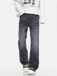 Jeans Masculinos de Estilo Urbano con Acabado Envejecido y Desgaste Natural, Silueta Straight Leg Relajada y Denim Suave Ideal para el Uso Cotidiano - Gris - Ver 6