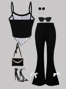 Girls Asymmetrical Hem Vest Top With Lace Bowknot Flare Pants Set, Spring/Summer - Black - View 2