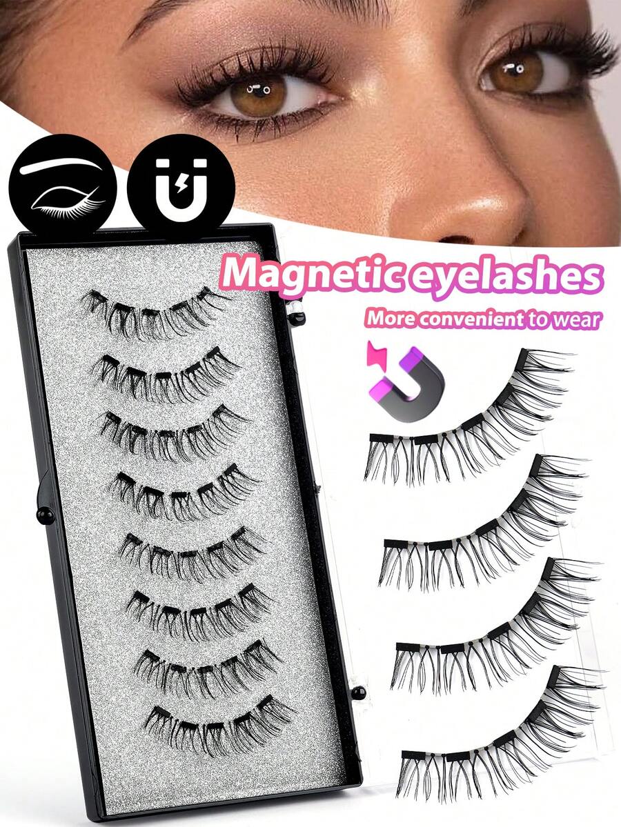 MAANGE 2/4 对磁性假睫毛，蓬松仿貂毛假睫毛，无需胶水即可打造猫眼交叉自然妆效，易于日常佩戴，适合工作、学校、派对等场合，化妆必备。