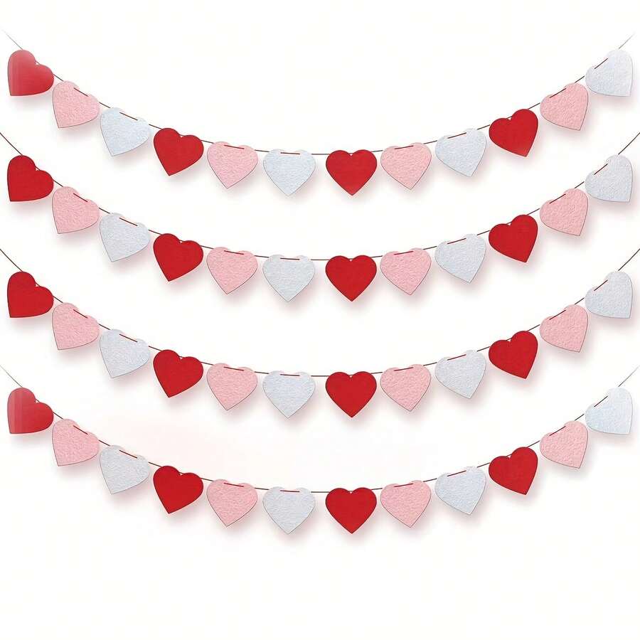 4pcs Felt Heart Wreath & Romantic Banner - Valentine's Day Room Decor, Perfect For Galentine's Day, Anniversary & Wedding Decoration - 大小愛心組合花環 - 查看 1