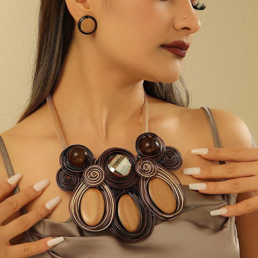 夸张多层手工编织重铝丝树脂链波西米亚欧美中东韩版晚宴派对假日女士时尚精美复古水滴项链耳环