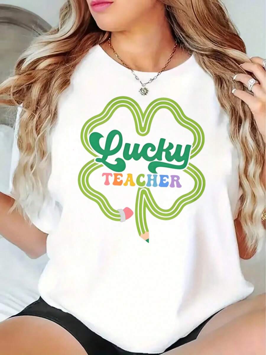 Lucky Teacher Shamrock T Shirt St Patrick Day Gift For Teachers Fun Print Cotton Tee Women Casual TopParty Dress Up 220g - 黑色 - 查看 1