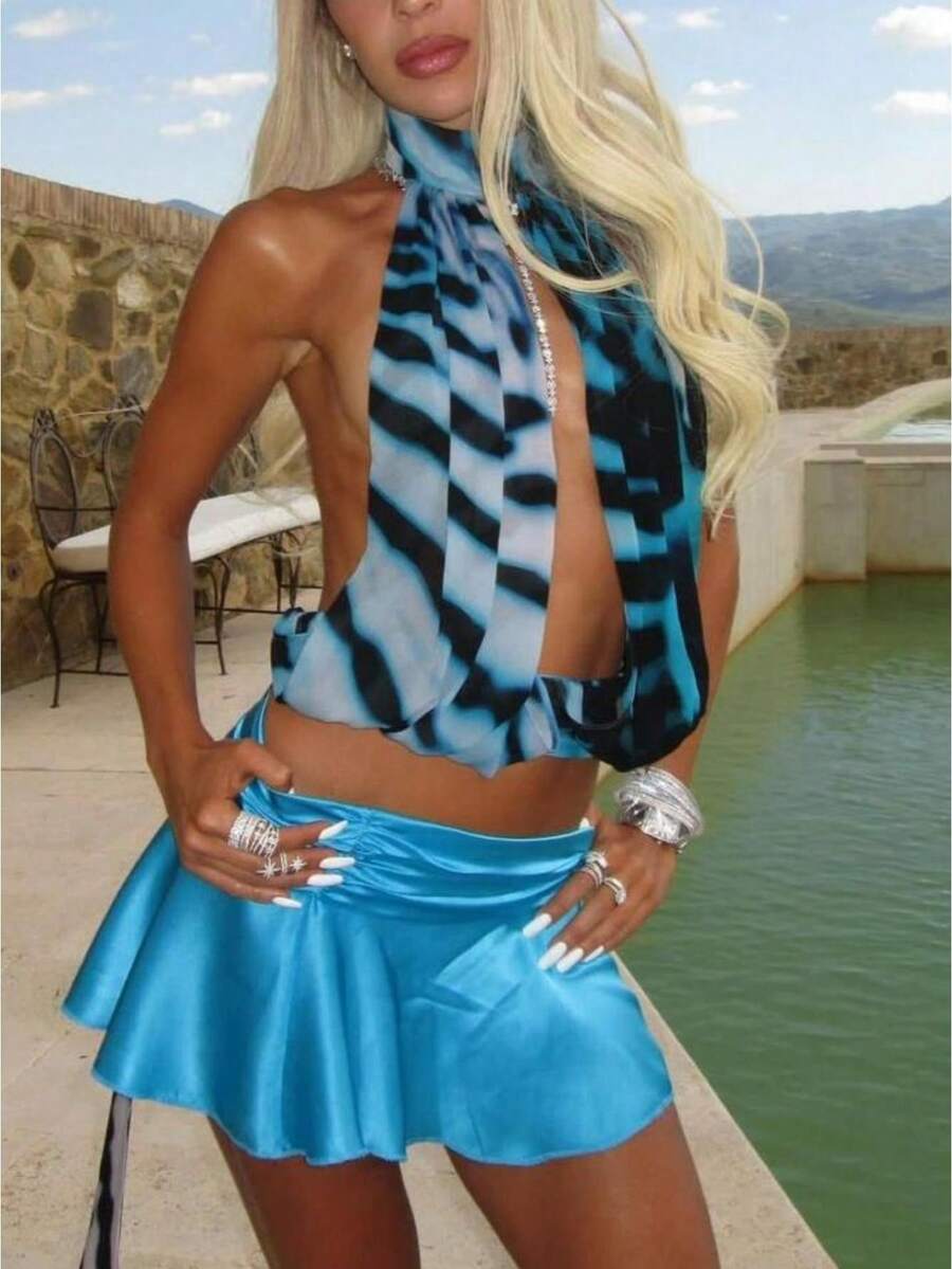 Y2k Halter Top For Women Sleeveless Cowl Neck Slit Front Going Out Tank Tops Tie Up Backless Summer Crop Top - 藍色 - 查看 1