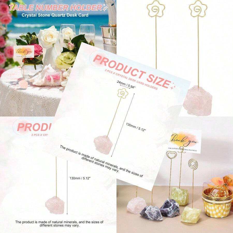 PATIKIL Table Number Holder 2Pcs Photo Clip Holders Crystal Stone Quartz Desk Card Holder Raw Flower Shape Iron Memo Note Photo Stand For Wedding Party Home Office Decor Pink - Hồng - Xem 1