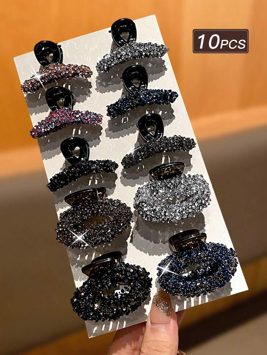 10个装女士时尚优雅可爱闪亮水钻发夹,中号,款式多样,适合节日和派对,女士发饰,女士珠宝,送给她的礼物,优雅爪夹,夏季服装,节日,派对 - 彩色 - 查看 1