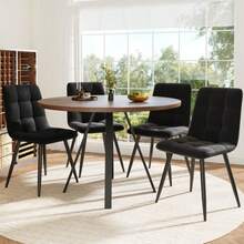 Dining Table (5-Piece), Round Dining Table, 80*80*75cm Dining Table With 4 Dining Chairs, Round Coffee Table For 4 People, Velvet Seats With Walnut-Colored Dining Table, Black Dining Chairs - Black - View 12