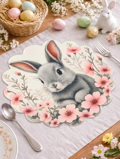 4Pcs Easter Bunny Round Linen Placemats,Dining Table Mats With Festive Rabbit & Floral Design,Western Meal Table Pad,Easter Egg Hunt Party Supplies,Happy Easter Day Decor,Easter Bunny Decorations,Easter Gift,Tabletop Decor,Holiday Party Supplies,Coffee Table Decor,Restaurant Supplies,Spring Decorations ﻿