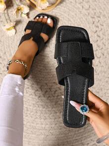 Ximi Ruo New Spring/Summer Fashion Casual Strap Slide Sandals, Comfortable Flat Heel Round Toe Beach Slippers, Versatile Slip-On Sandals For Women - Black - View 5