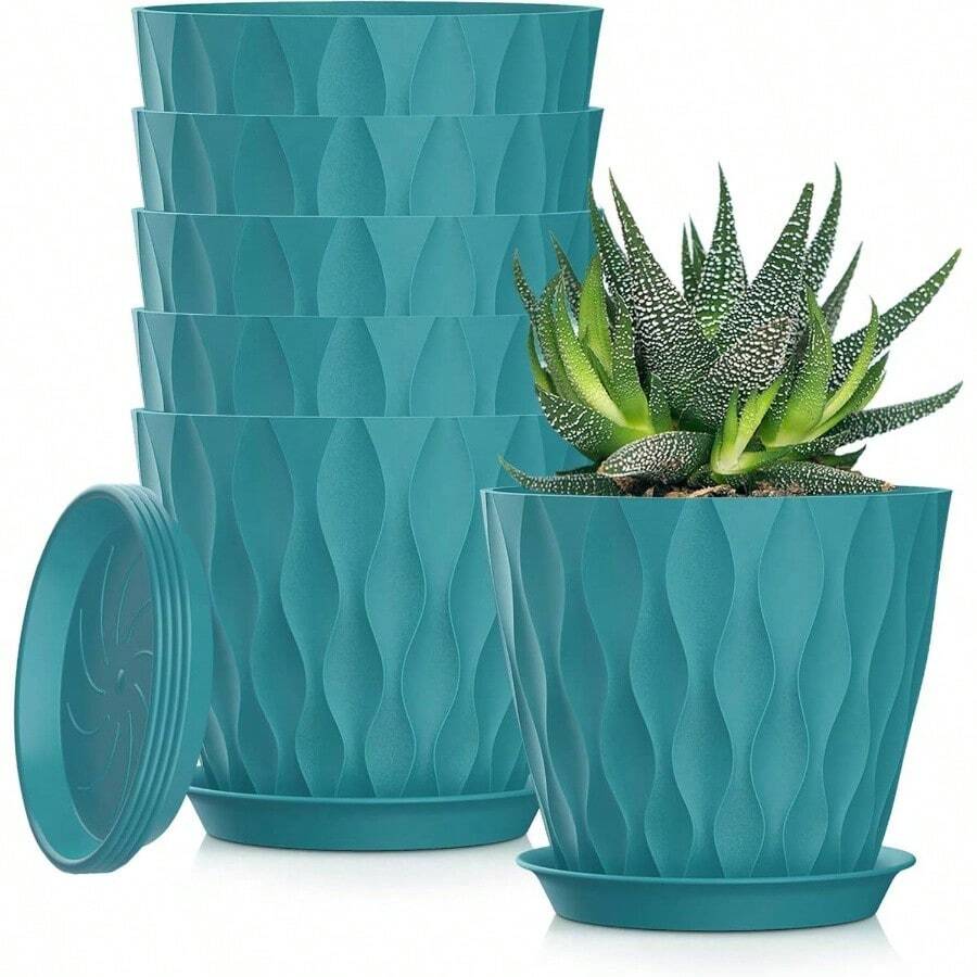Inch Plant Pots 5 Pack, Flower Planters With Drainage Holes And Trays, Plastic Pots Indoor Outdoor Plants, White - Blue-green + 5inch - View 1