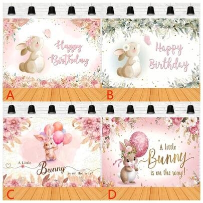 2D平面横幅，复活节兔子设计，一周岁生日背景，浅色花卉涤纶面料，印有“生日快乐”字样，适合室内外庆祝活动，多用途