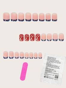 24片中号方形优雅海军蓝亮面法式假指甲，瞬间提升您的造型！甜美酷炫的银星7月4日风格全覆盖人造指甲，适合女性和女孩。包含1片果冻胶+1个指甲锉。果冻胶颜色随机发货。 - 藍色 - 查看 2