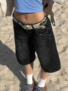 Vintage Low Waist Distressed Denim Shorts With Slant Pockets, Essential For Back To School Season - Black - View 1
