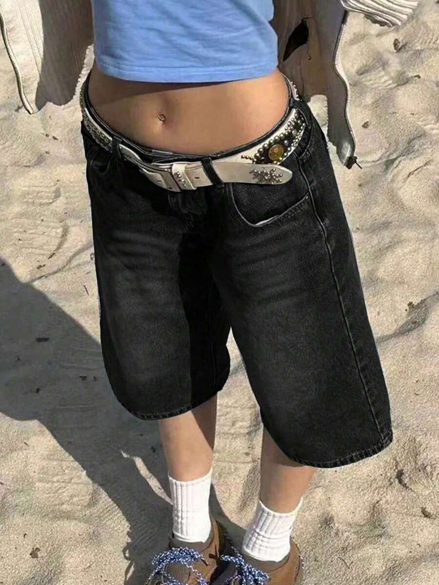 Vintage Low Waist Distressed Denim Shorts With Slant Pockets, Essential For Back To School Season - Black - View 1