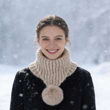 Womens Winter Knitted Scarves Two Ways To Wear Stylish Solid Color Plush Ball Ribbed Warm Hat - Khaki - View 1