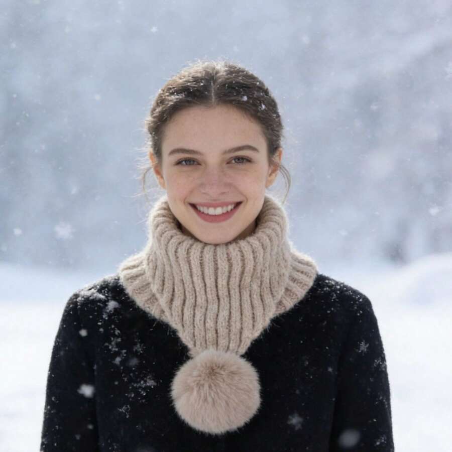 Womens Winter Knitted Scarves Two Ways To Wear Stylish Solid Color Plush Ball Ribbed Warm Hat - Khaki - View 1