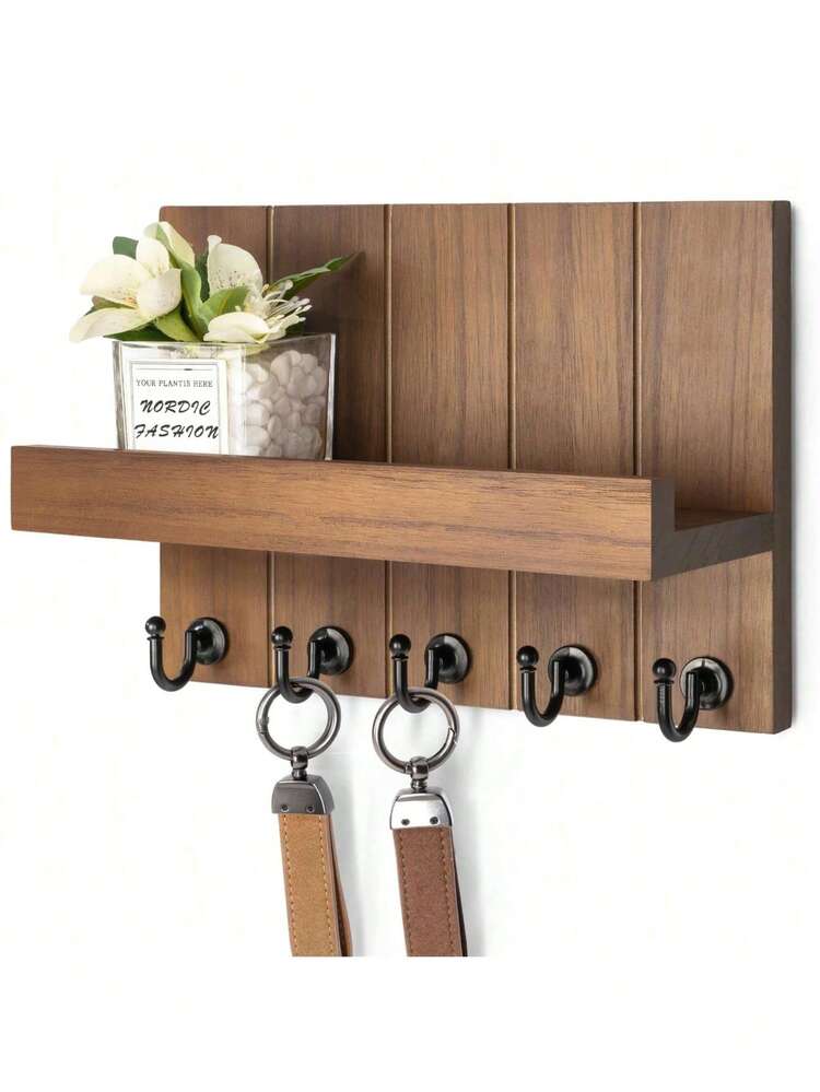 Estante de llaves de pared decorativo - Ganchos de llaves de estilo rústico con estante de almacenamiento y organizador de correo, adecuado para la decoración de pared de estilo de granja en la sala de estar - Artículos esenciales para el hogar (Marrón, 3.54 pulgadas X 10 pulgadas X 7.28 pulgadas) - Multicolor - Añade 12