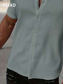 Áo Polo nam tay ngắn kẻ caro xám xanh kiểu dáng retro vintage FEIAO, cài cúc phía trước, họa tiết hình đồng xu. - xanh xám - Xem 5