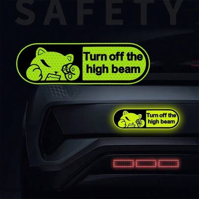 The Cartoon Bear Requests To Turn Off The High Beam Lights; High-Intensity Reflective Car Stickers Suitable For Vehicle Safety Warnings And Decorative Signs During Nighttime Driving.