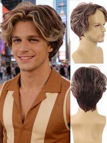This Stylish And Handsome Men's Short Curly Wig With A Center Part Is Made Of 5 Inches Of Mixed-Color Synthetic Fiber And Is Suitable For Everyday Wear, Holidays, Masquerade Balls, Halloween Costumes, And Various Party Occasions. - Multicolor - View 10