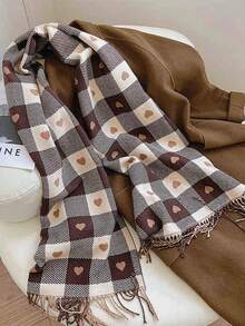 Elegante bufanda de poliéster a cuadros con forma de corazón, envolvente de cuello versátil y cálido para mujer, para primavera/otoño/invierno - Café integral - Ver 3