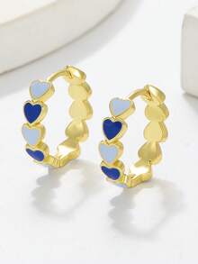 一对心形图案拼接耳环，时尚百搭，适合女性日常休闲、情人节、度假、节日等场合，是送给女性朋友的绝佳礼物。 - 金色藍色 - 查看 2