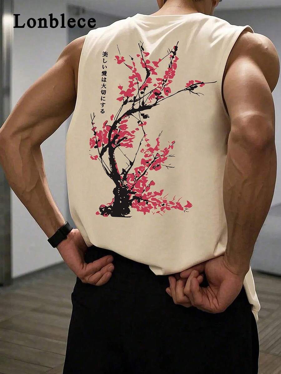 Lonblece 男士透气无袖背心，日式樱花图案及文字印花，休闲日常穿着 - 卡其色 - 查看 1