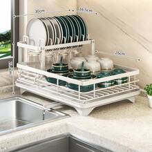 Double Layer Carbon Steel Large Dish Rack With Cutlery Holder, Cup Rack And Drip Tray, Space-Saving, Durable And Rust-Resistant, Ideal For Christmas, Halloween And Other Large Family Gatherings, Great Gift Choice - Multicolor - View 12